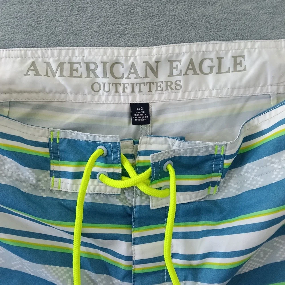 American Eagle Outfitters Blue Striped Board Shorts Mens Large Neon Drawstring